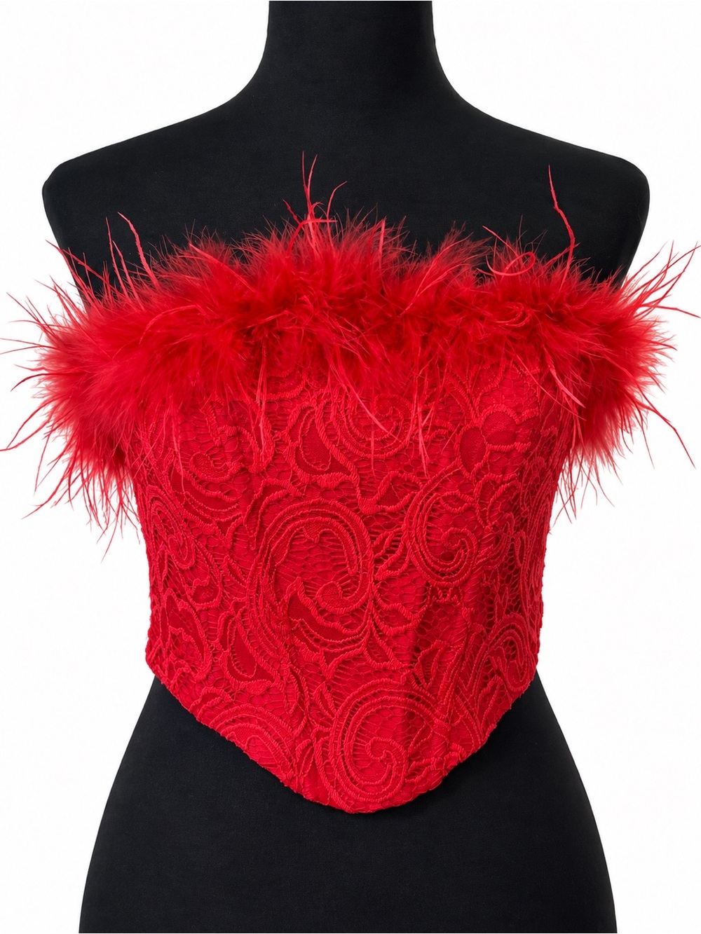 NWOT Red Lace Feather Trim Corset Bustier Top Size S